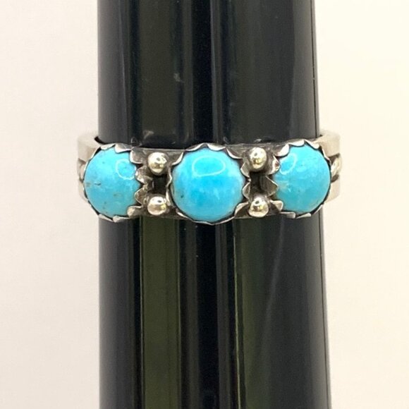 Three Stone Turquoise Navajo Sterling Silver 925 Unisex Ring R King Sz 9.25 J799 - Picture 4 of 7